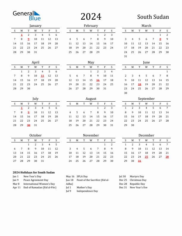 South Sudan Holidays Calendar for 2024