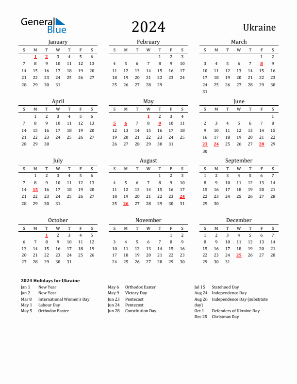 Ukraine Holidays Calendar for 2024