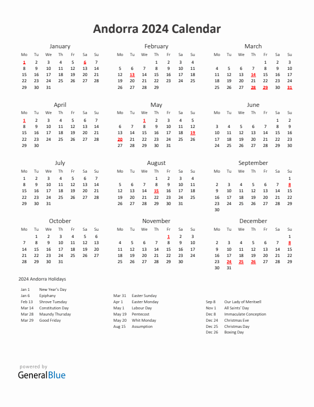 2024 Yearly Calendar Printable With Andorra Holidays