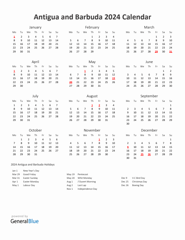 2024 Yearly Calendar Printable With Antigua and Barbuda Holidays