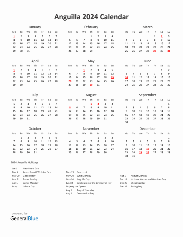 2024 Yearly Calendar Printable With Anguilla Holidays