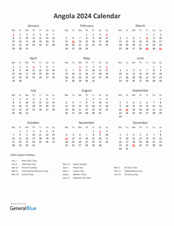 2024 Yearly Calendar Printable With Angola Holidays