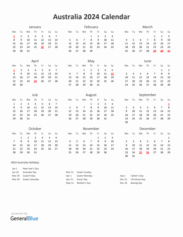 2024 Yearly Calendar Printable With Australia Holidays