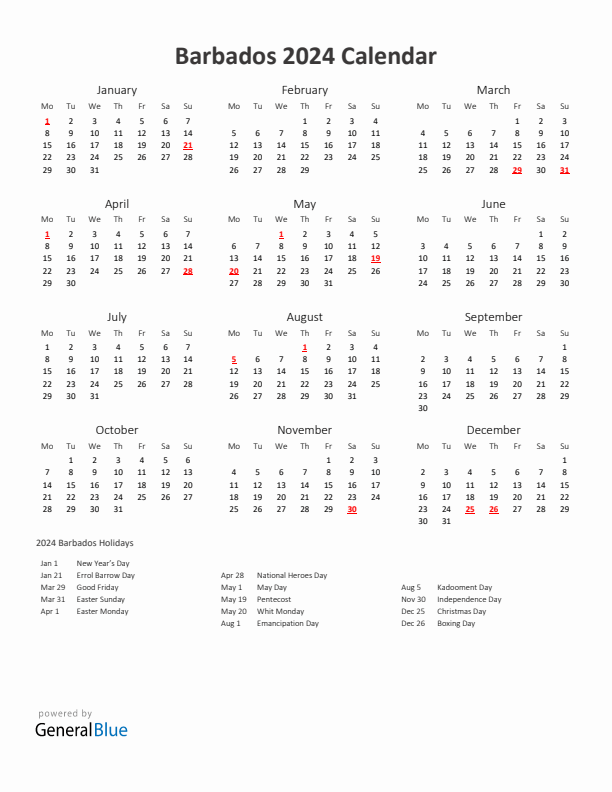 2024 Yearly Calendar Printable With Barbados Holidays