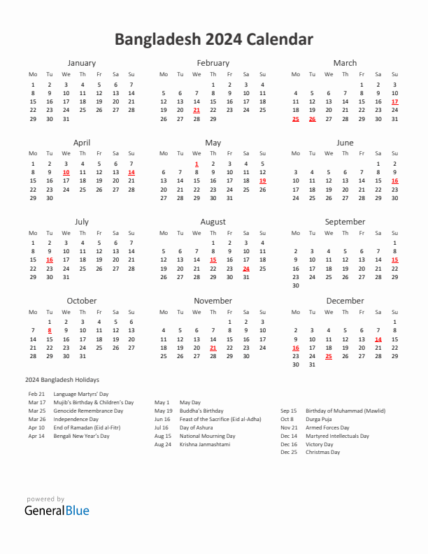 2024 Yearly Calendar Printable With Bangladesh Holidays