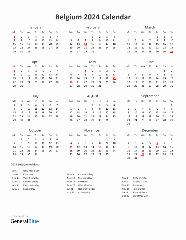 2024 Yearly Calendar Printable With Belgium Holidays