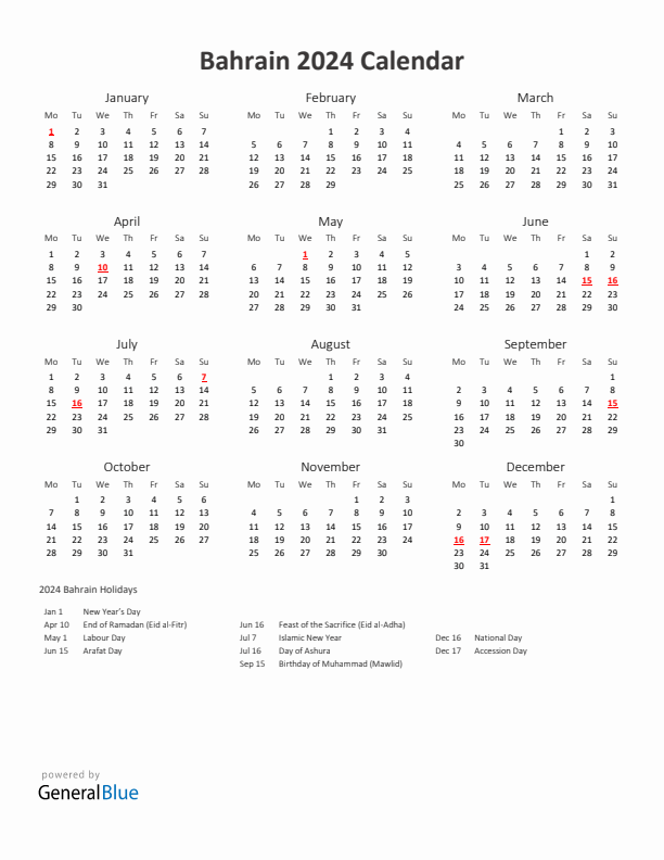 2024 Yearly Calendar Printable With Bahrain Holidays