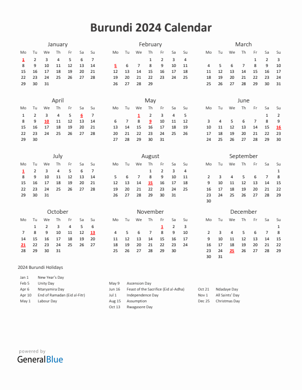 2024 Yearly Calendar Printable With Burundi Holidays