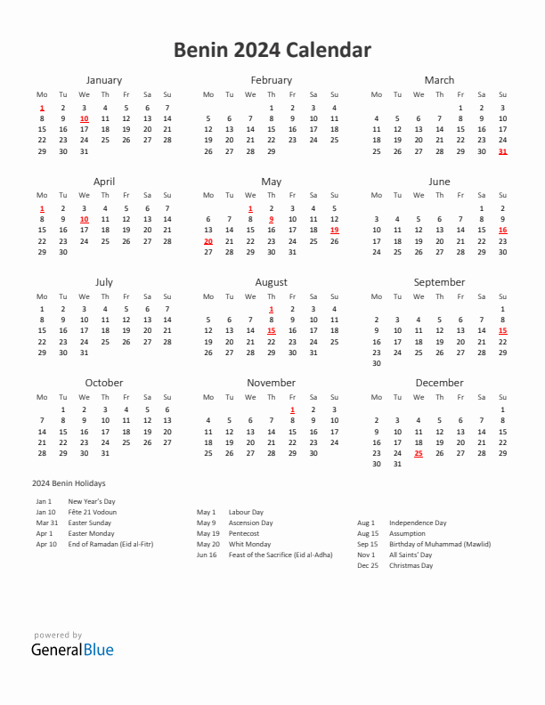 2024 Yearly Calendar Printable With Benin Holidays