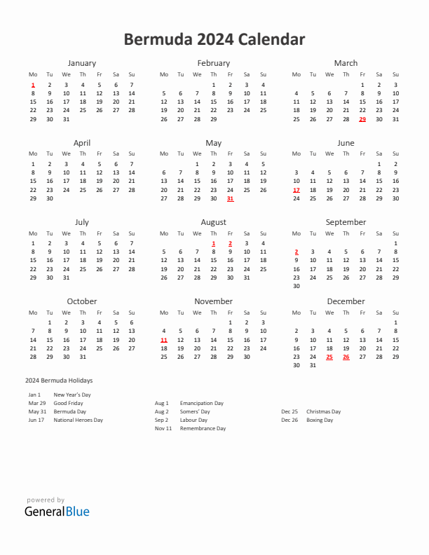 2024 Yearly Calendar Printable With Bermuda Holidays