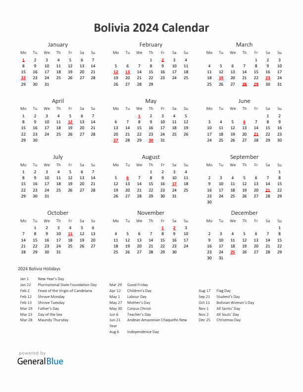 2024 Yearly Calendar Printable With Bolivia Holidays