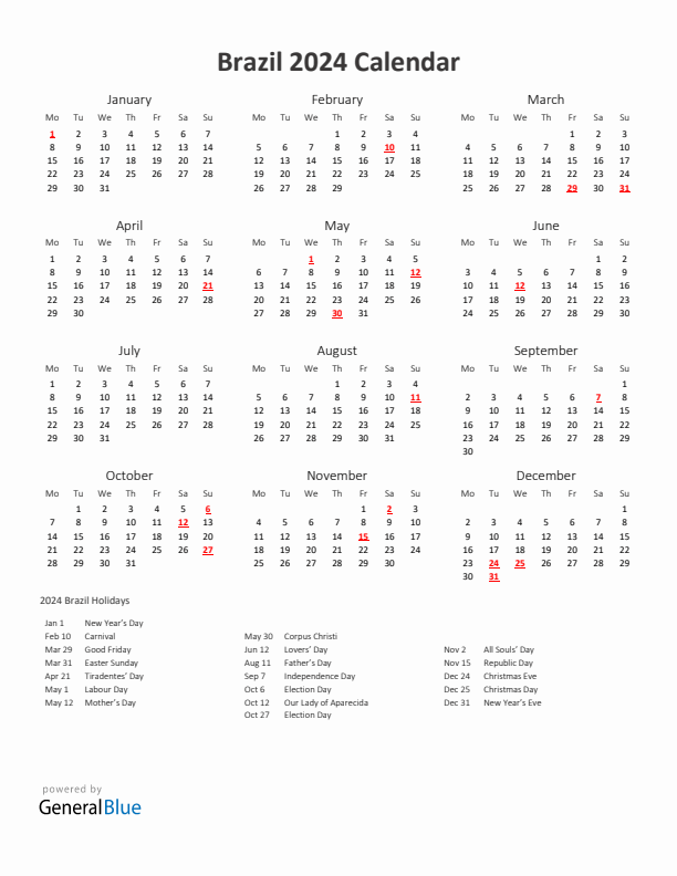 2024 Yearly Calendar Printable With Brazil Holidays