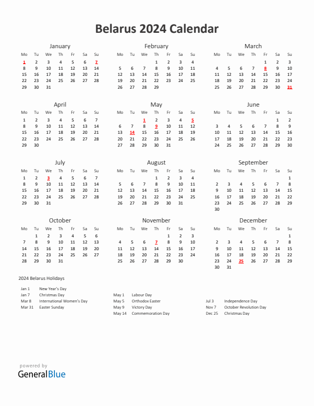 2024 Yearly Calendar Printable With Belarus Holidays