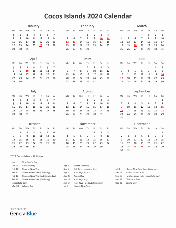 2024 Yearly Calendar Printable With Cocos Islands Holidays