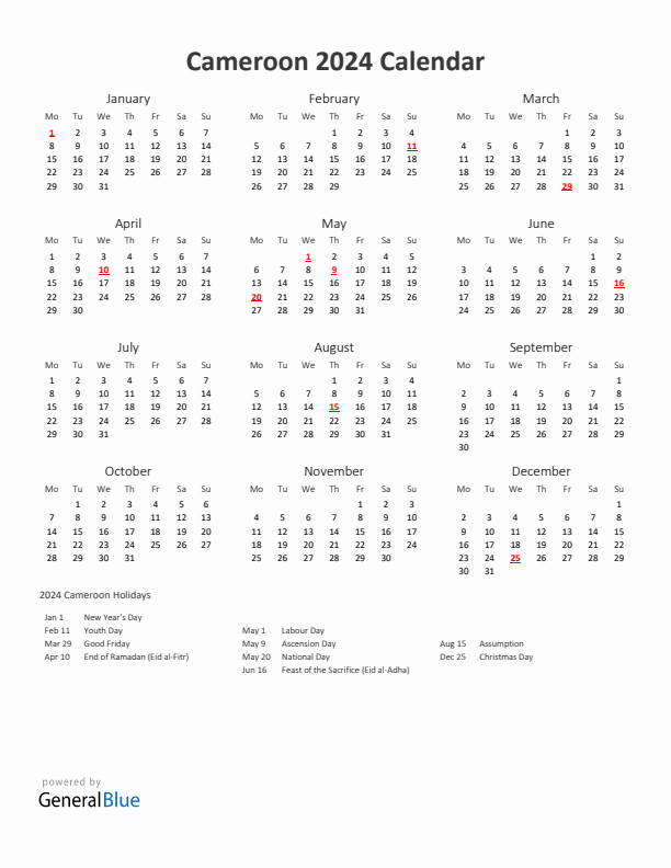 2024 Yearly Calendar Printable With Cameroon Holidays