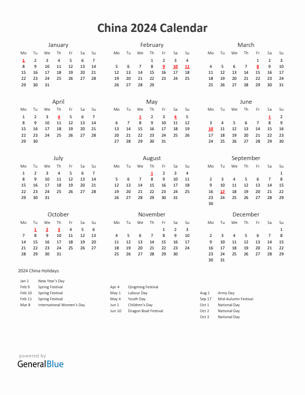 2024 Yearly Calendar Printable With China Holidays