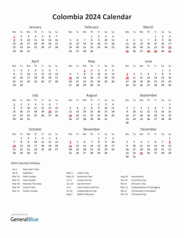 2024 Yearly Calendar Printable With Colombia Holidays