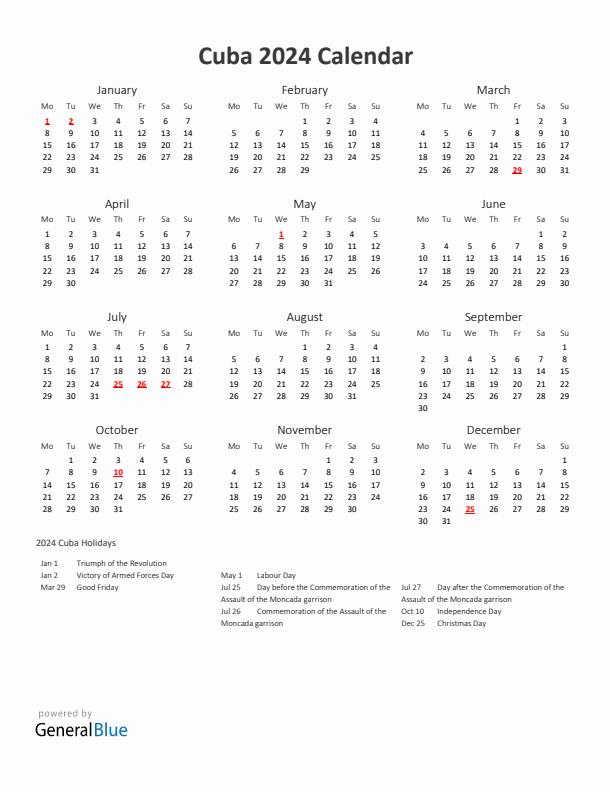 2024 Yearly Calendar Printable With Cuba Holidays