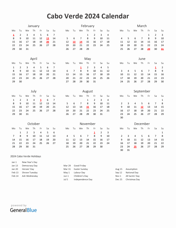 2024 Yearly Calendar Printable With Cabo Verde Holidays