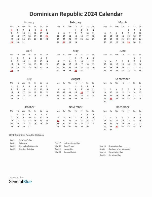 2024 Yearly Calendar Printable With Dominican Republic Holidays