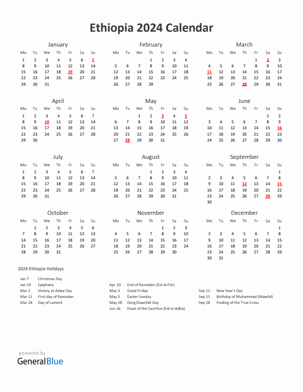 2024 Yearly Calendar Printable With Ethiopia Holidays