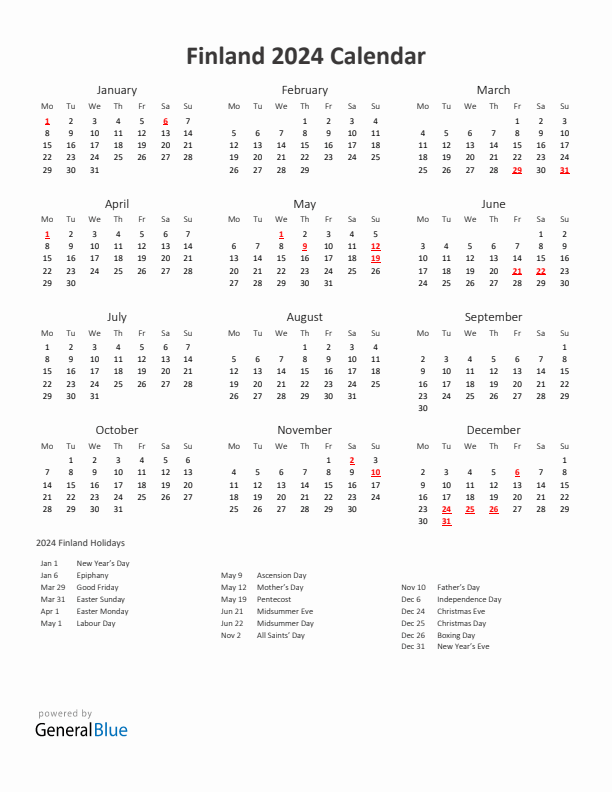 2024 Yearly Calendar Printable With Finland Holidays