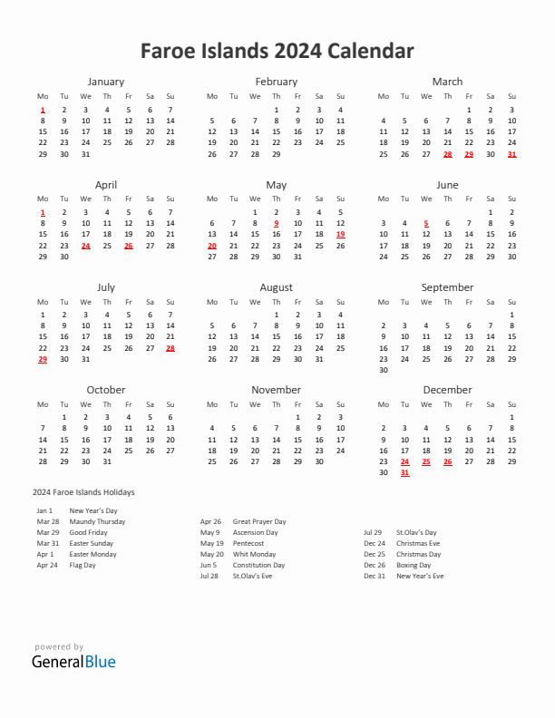 2024 Yearly Calendar Printable With Faroe Islands Holidays