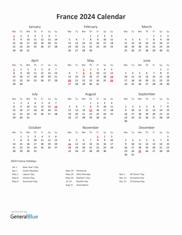 2024 Yearly Calendar Printable With France Holidays