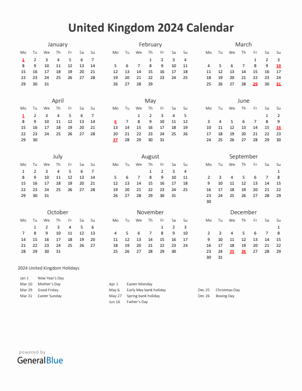 2024 Yearly Calendar Printable With United Kingdom Holidays