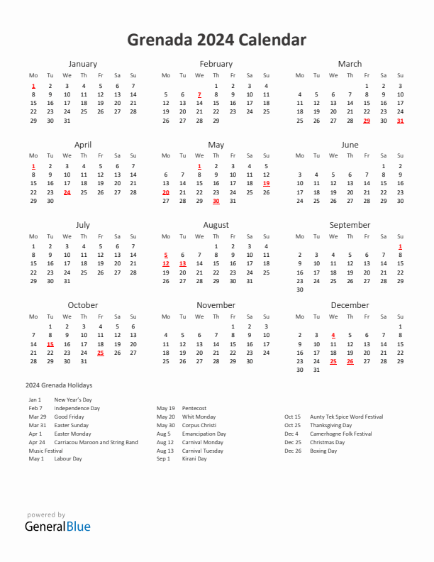 2024 Yearly Calendar Printable With Grenada Holidays