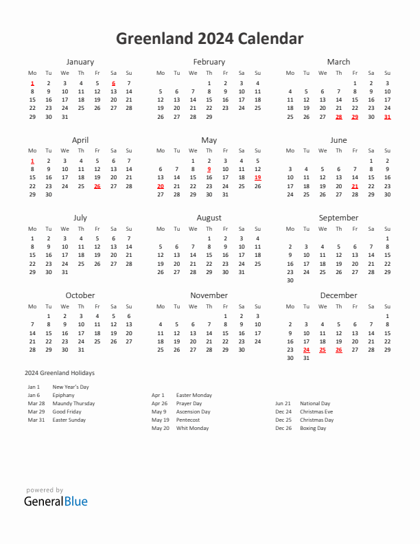 2024 Yearly Calendar Printable With Greenland Holidays