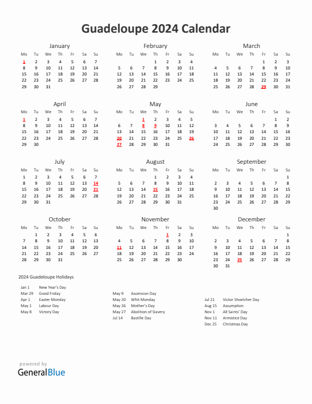 2024 Yearly Calendar Printable With Guadeloupe Holidays