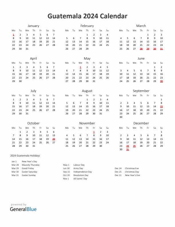 2024 Yearly Calendar Printable With Guatemala Holidays