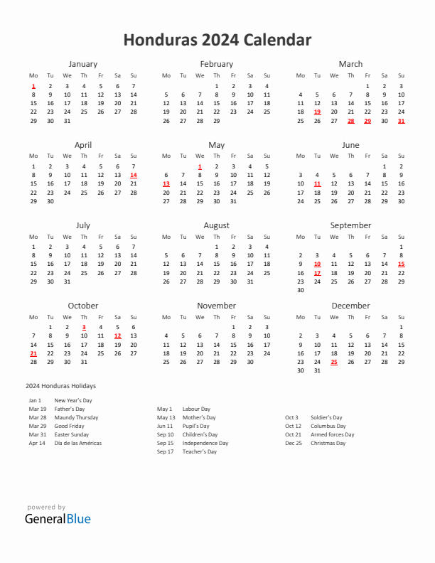 2024 Yearly Calendar Printable With Honduras Holidays