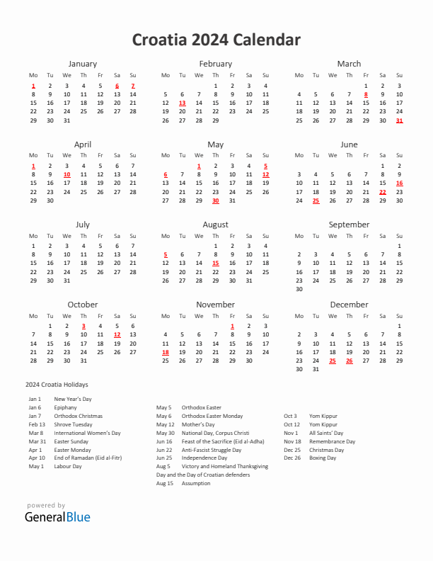 2024 Yearly Calendar Printable With Croatia Holidays