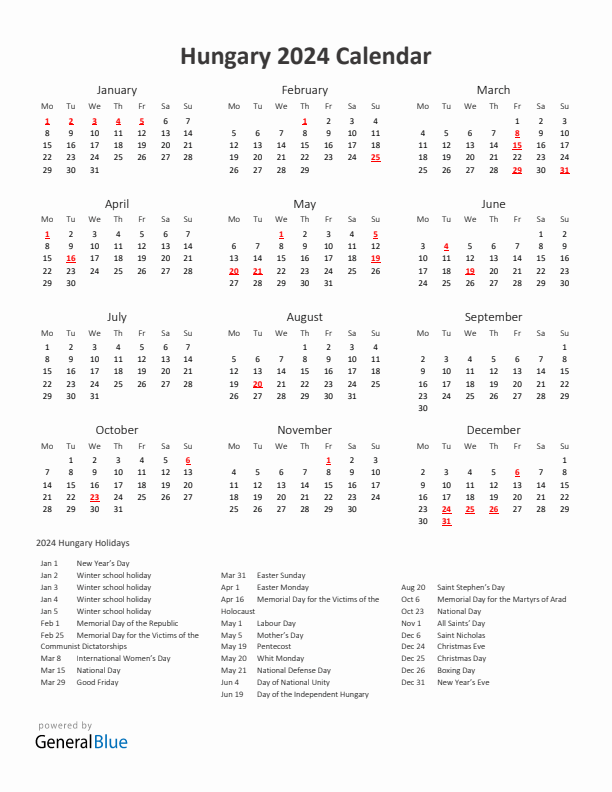 2024 Yearly Calendar Printable With Hungary Holidays