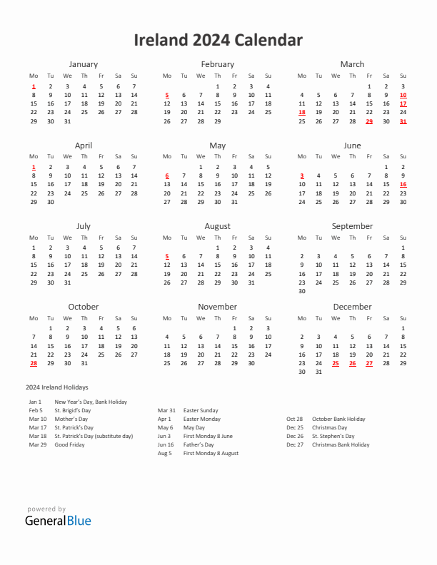 2024 Yearly Calendar Printable With Ireland Holidays