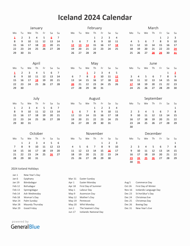 2024 Yearly Calendar Printable With Iceland Holidays