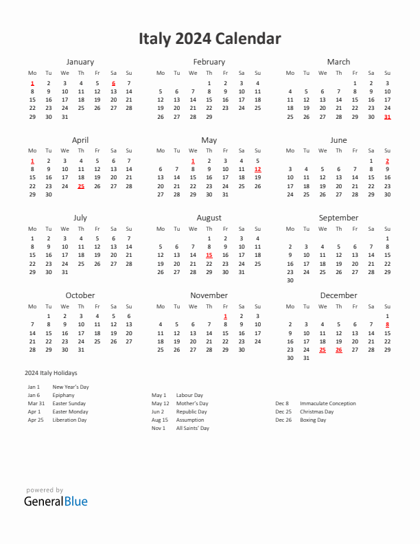 2024 Yearly Calendar Printable With Italy Holidays