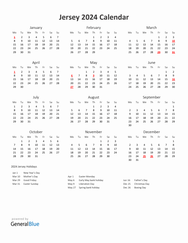 2024 Yearly Calendar Printable With Jersey Holidays