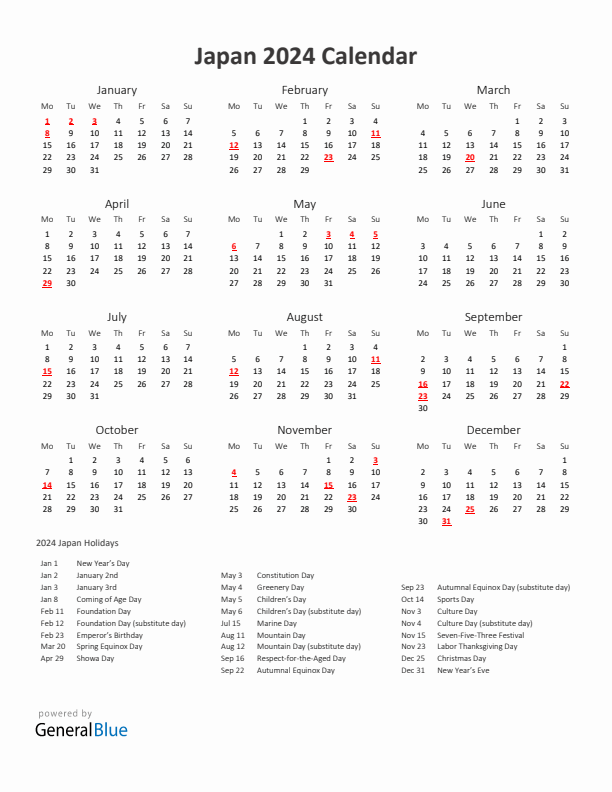 2024 Yearly Calendar Printable With Japan Holidays