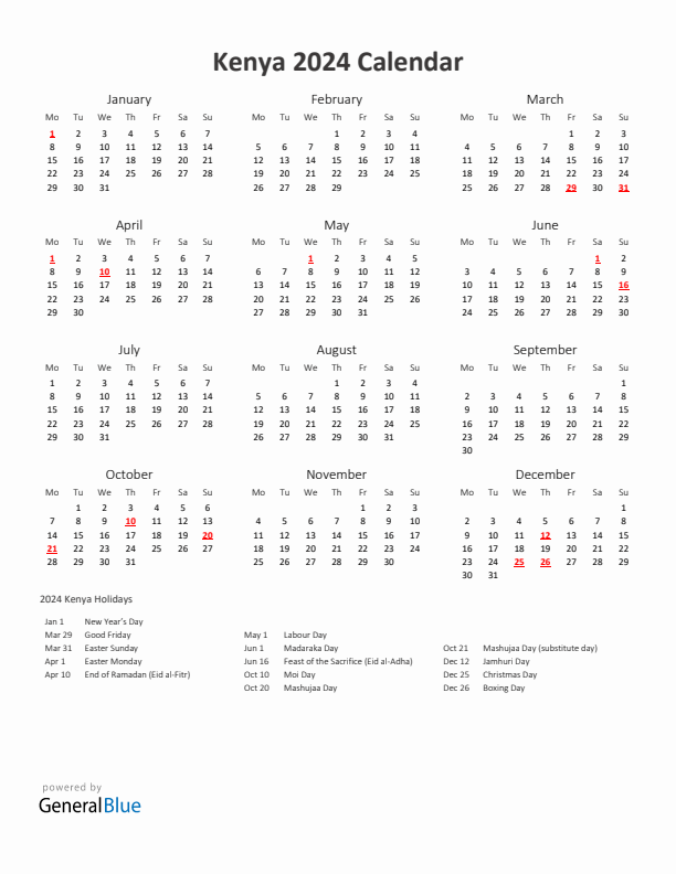 2024 Yearly Calendar Printable With Kenya Holidays