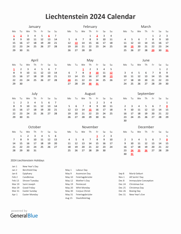 2024 Yearly Calendar Printable With Liechtenstein Holidays