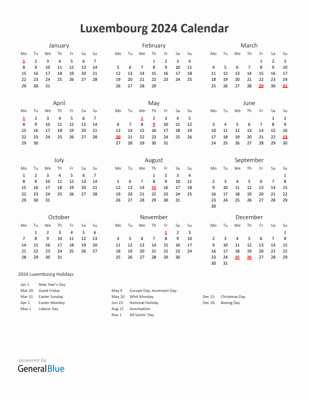 2024 Yearly Calendar Printable With Luxembourg Holidays