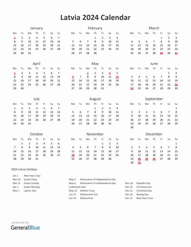 2024 Yearly Calendar Printable With Latvia Holidays