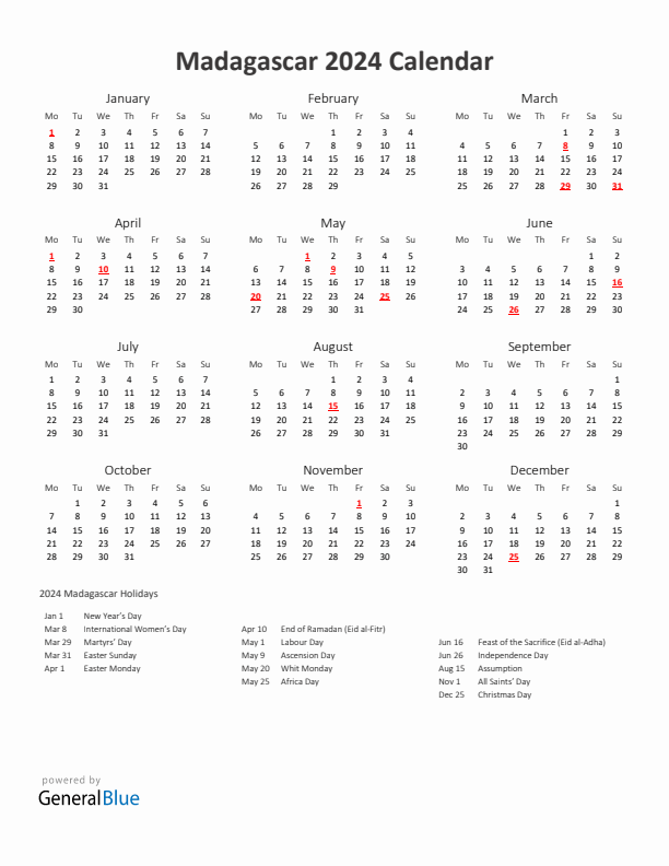 2024 Yearly Calendar Printable With Madagascar Holidays