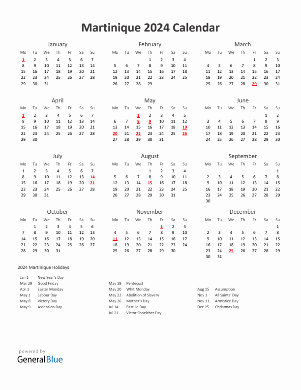 2024 Yearly Calendar Printable With Martinique Holidays