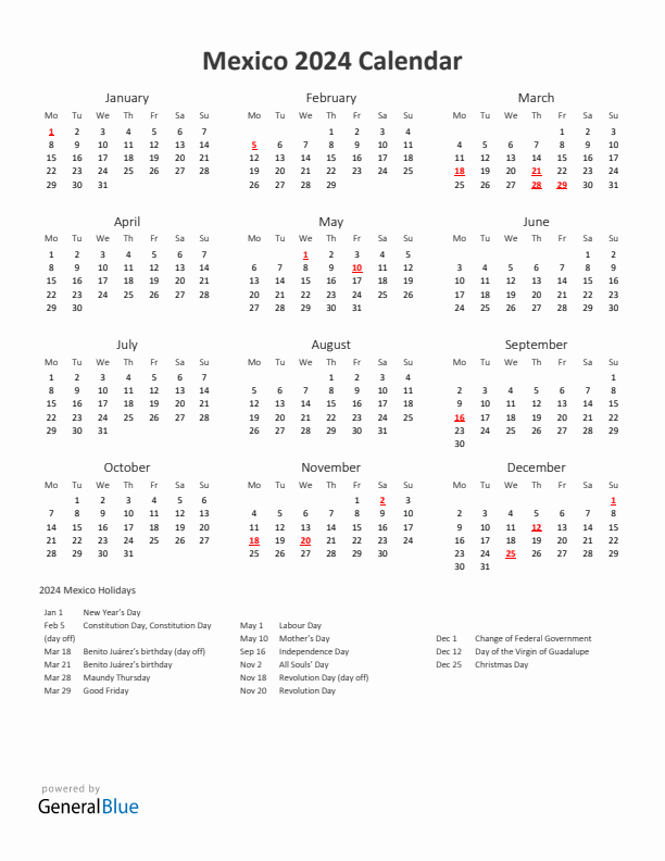 2024 Yearly Calendar Printable With Mexico Holidays