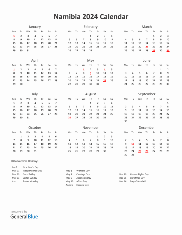 2024 Yearly Calendar Printable With Namibia Holidays