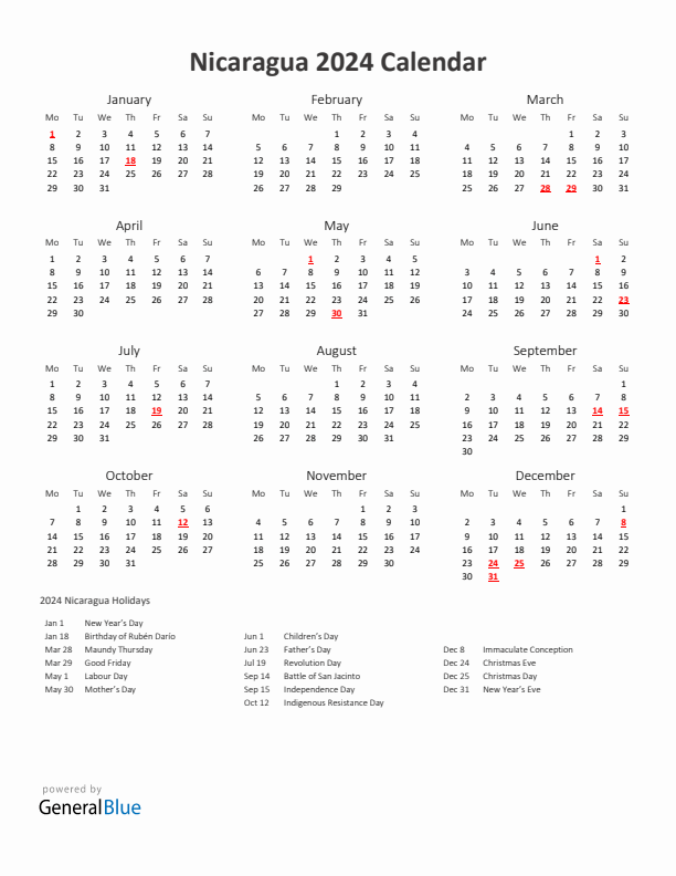 2024 Yearly Calendar Printable With Nicaragua Holidays